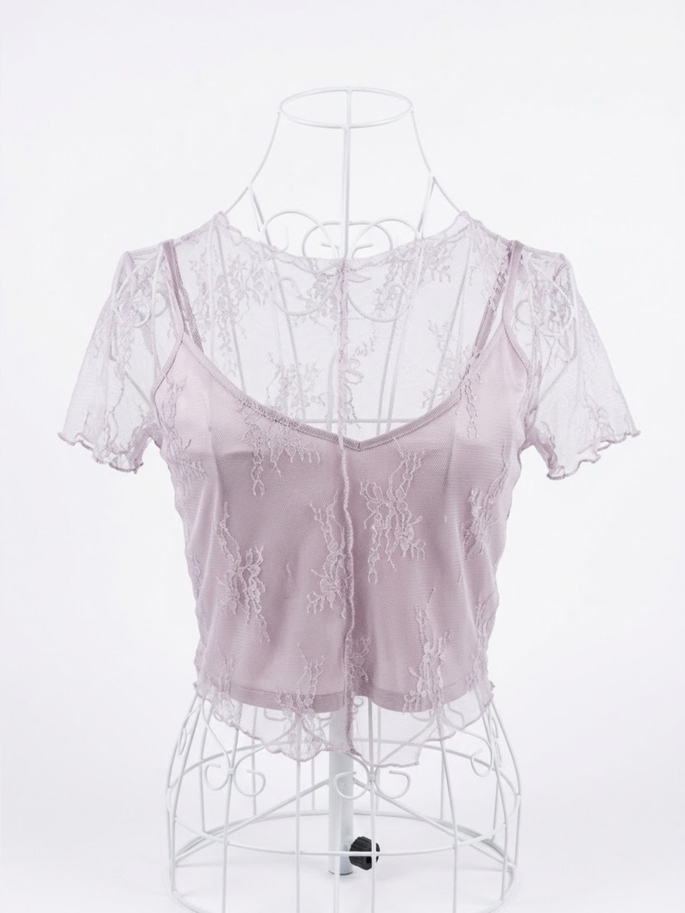 Miou Muse Pink Lace Overlay Camisole Short Sleeve Mesh Crop Top Y2K Coquette | S